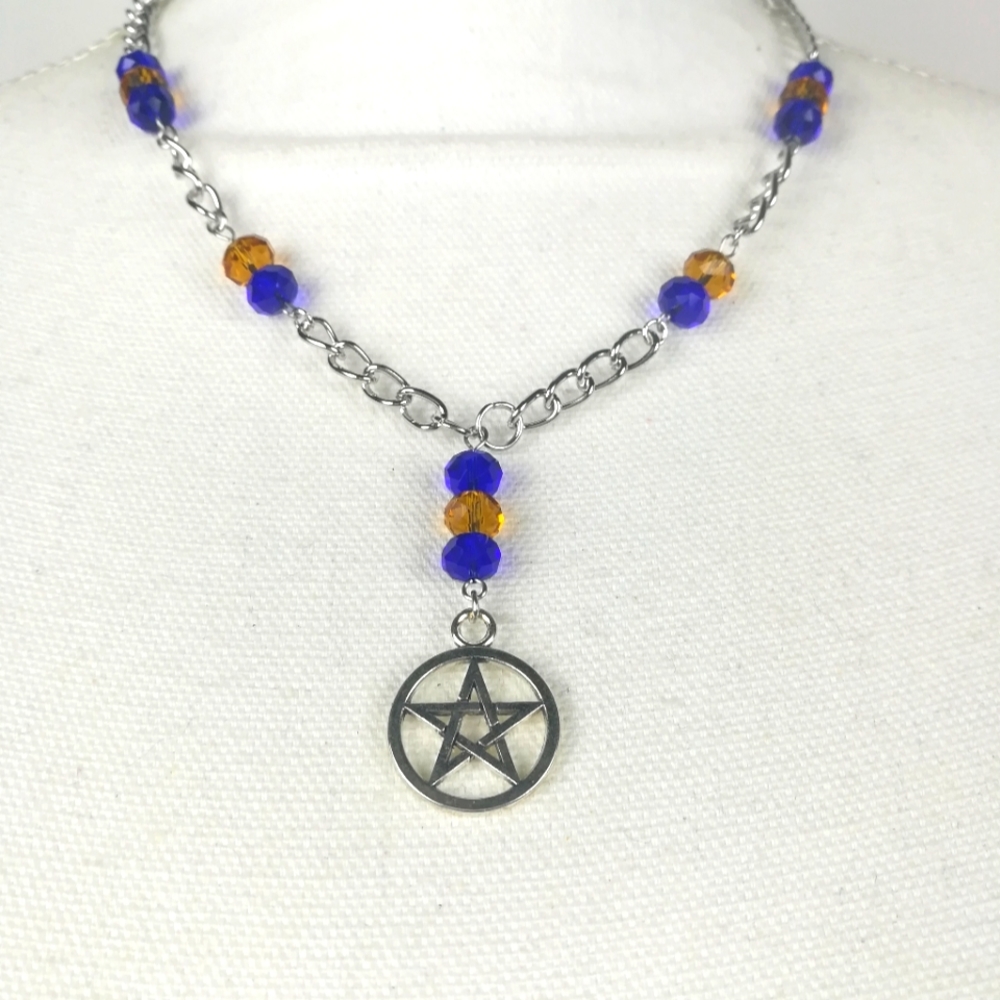Fancy pentacle necklace blue & gold faceted glass beads witchy pagan new age - Picture 1 of 5